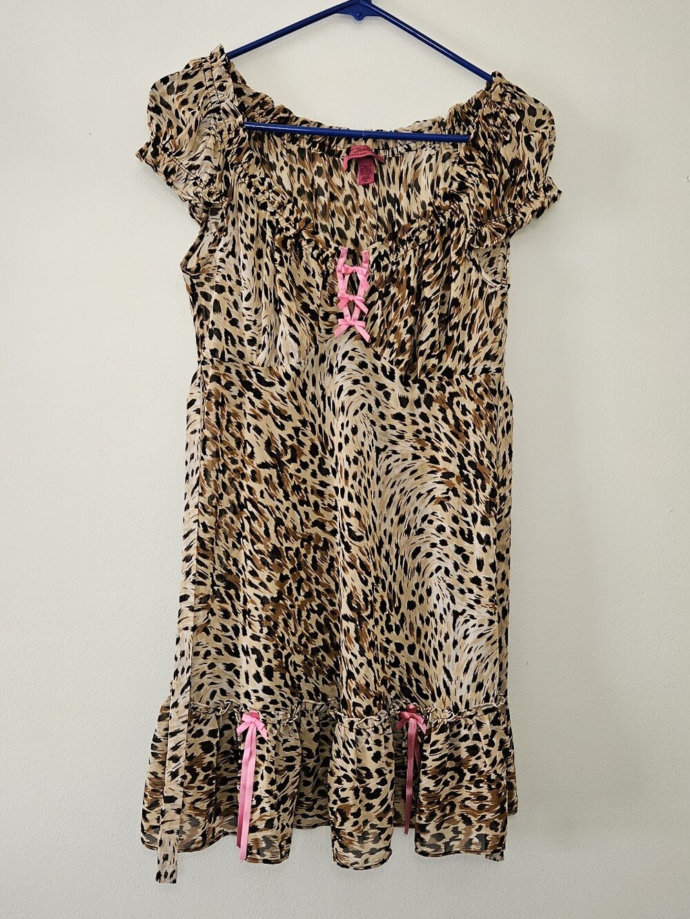 Betsey Johnson Intimates Leopard Sheer Babydoll Mini Dress Pink Bow Womens M Y2k